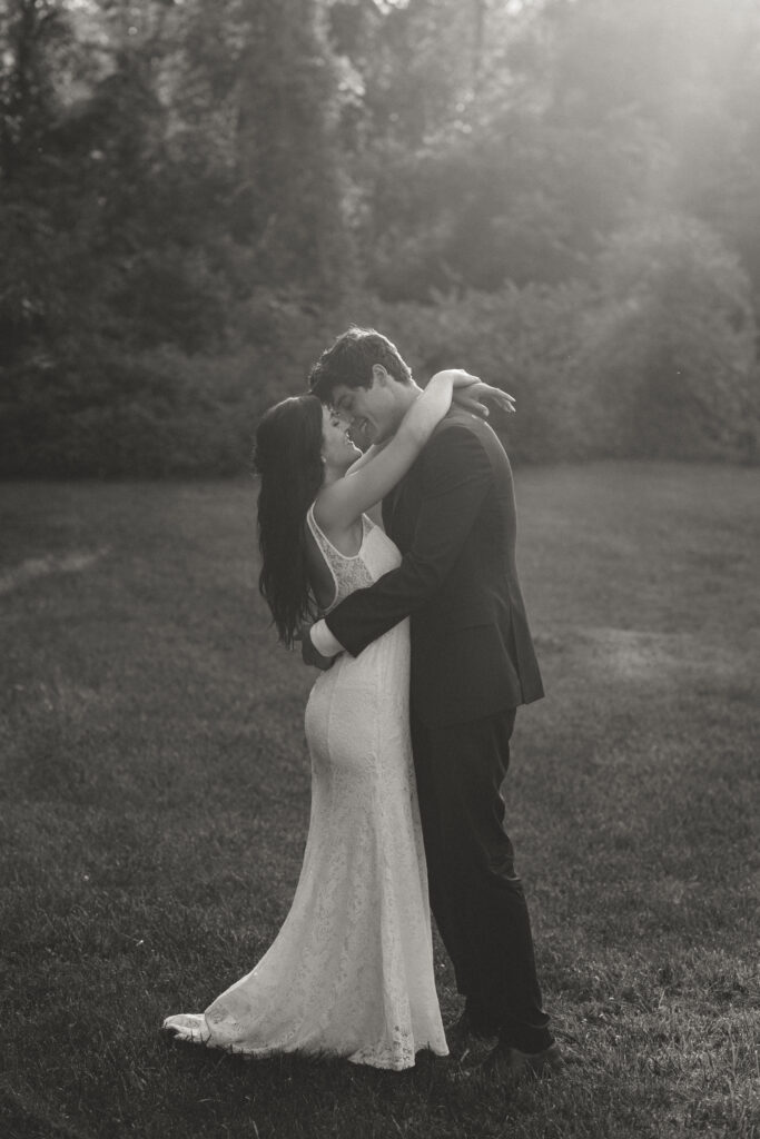 Intimate black and white portrait of bride & groom